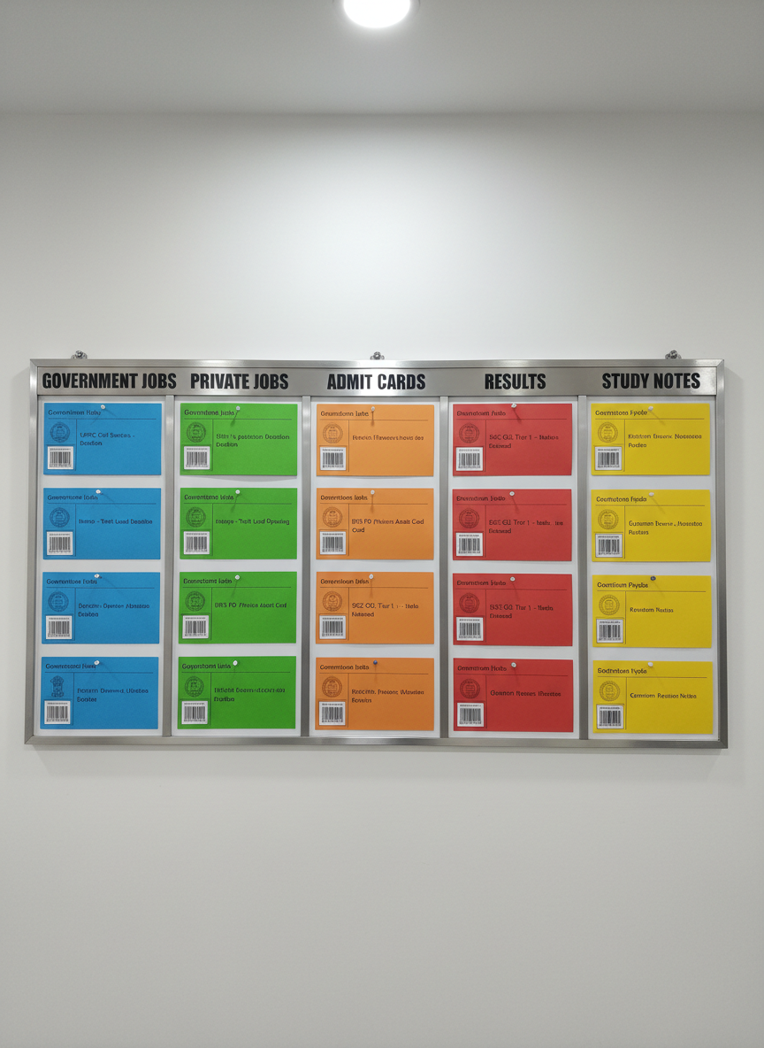 A close-up, photographic image of a structured bulletin-style board mounted on a clean white wall, divided into labeled sections: “Government Jobs,” “Private Jobs,” “Admit Cards,” “Results,” and “Study Notes” in crisp, modern typography. Each section holds neatly pinned cards, color-coded and precisely aligned, some featuring barcodes and official-looking seals. A small metallic nameplate at the top reads “Sarkari Carrier Hub” in bold, professional lettering. Cool, diffused overhead lighting creates an even, shadow-free illumination, emphasizing the orderly arrangement. Captured straight-on with sharp focus across the entire frame, the mood is organized and authoritative, evoking an efficient news hub for job notifications in a clean, modern photographic realism style.