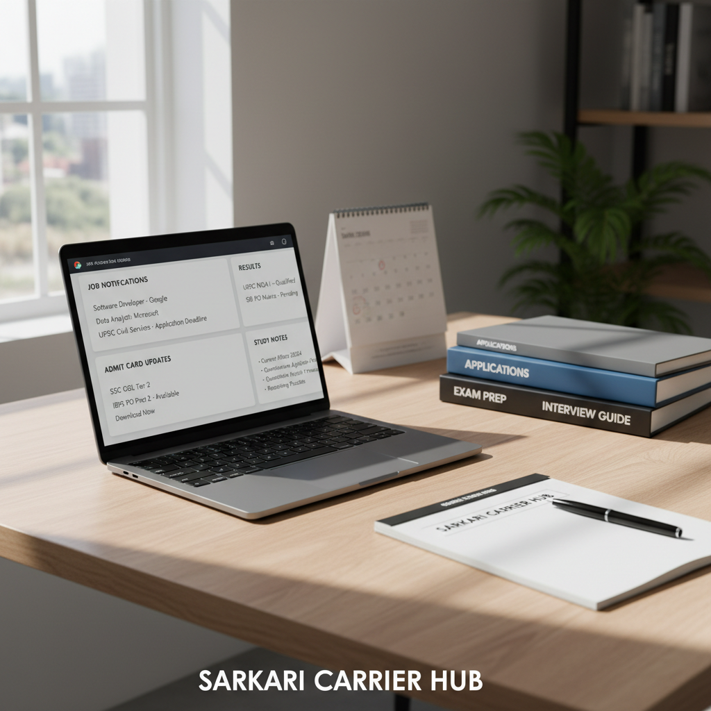 A sleek, modern workspace dedicated to job search, featuring a slim silver laptop open on a tidy wooden desk, its screen displaying a clean dashboard of job notifications, admit card updates, results, and study notes organized in separate sections. Neatly stacked folders labeled with bold typography sit nearby, along with a minimalist calendar and a pen resting on a notepad titled “Sarkari Carrier Hub.” Soft daylight from a large window to the left creates gentle reflections on the laptop’s metallic surface and subtle shadows on the desk. Photographic realism with a professional, trustworthy mood, captured at eye level with a slight angle, sharp focus on the laptop screen and a softly blurred background, conveying clarity, organization, and reliability.